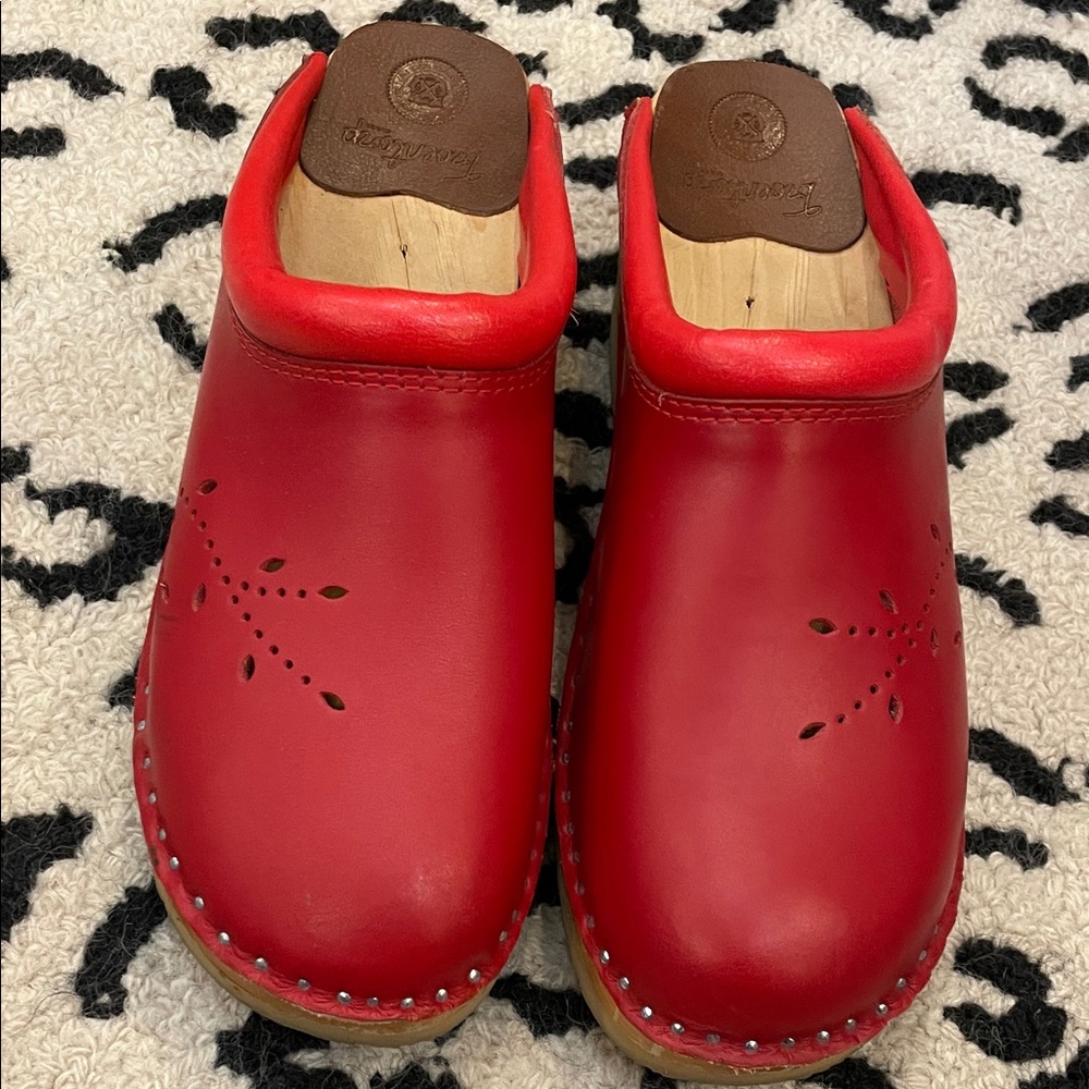 Women’s Red Leather Clog Mules with Perforated Detail